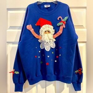 Vintage Lee 90s Christmas 3D Santa Sweatshirt Sz LG Ugly Xmas Pullover Bells